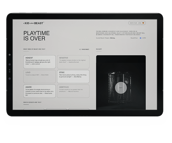 a Kid Called Beast personalized NFT minting screens