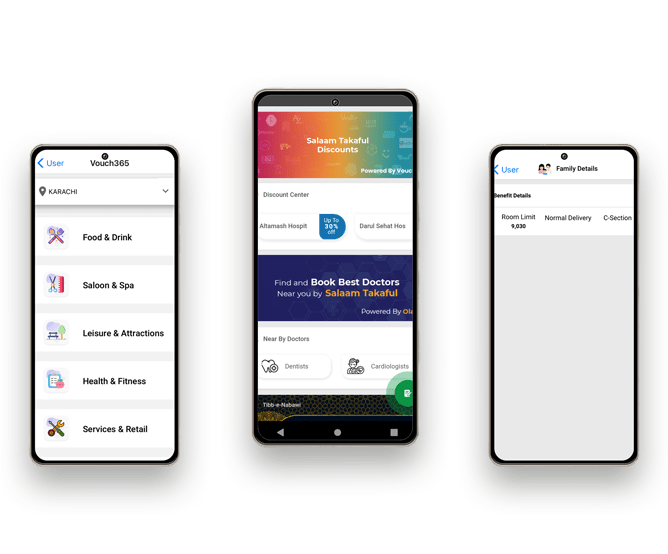 Salaam Takaful app screens for hospital GPS and health card access