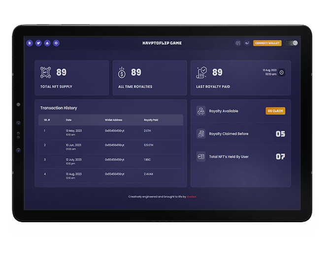 Krypto Flip royalty and Hold-to-Earn NFT dashboard