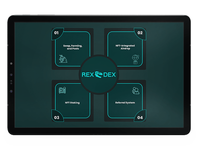 RexDex Finance features including AMM, NFT airdrops, and referrals